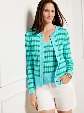 NWT Talbots Textured Crewneck Cardigan Bicolor Stripe- Large
